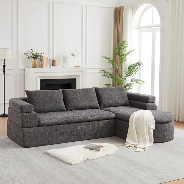 REDOM Hoekbank - L-vormig met Chaiselongue - 3-zits - Getrapte armleuning - 3 rugkussens - Chenille - Modern design - Woonkamer - Rechts - Antraciet - 260 x 65 cm Grijs