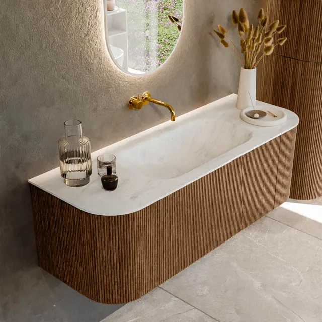 Mondiaz KURVE-DLUX 130 cm Onderkast Greeploos 1 Lade Met Deuren Walnut, Wastafel Solid Surface Midden Opalo 0 Kraangaten Zonder Spiegel (KRVBGS130L+R1L2D0KM-Wal/Opa)