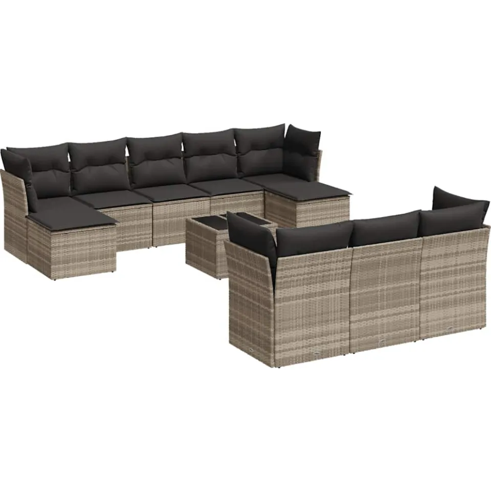vidaXL 11-delige Loungeset met kussens poly rattan lichtgrijs