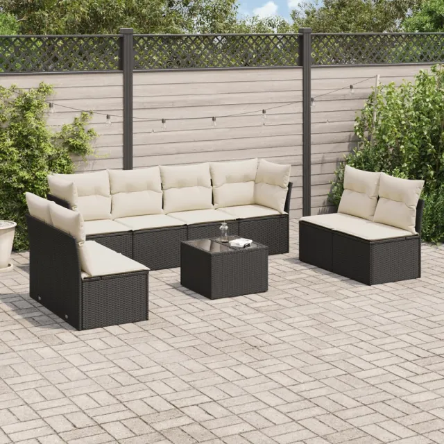 vidaXL 9-delige Loungeset met kussens poly rattan zwart, foto 2