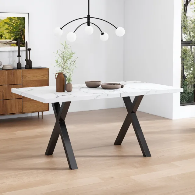 CHICFURN Eettafel 140 cm - Moderne eettafel - X-poot - Eetkamer - MDF en metaal - Wit marmerlook Wit marmerlook en zwart