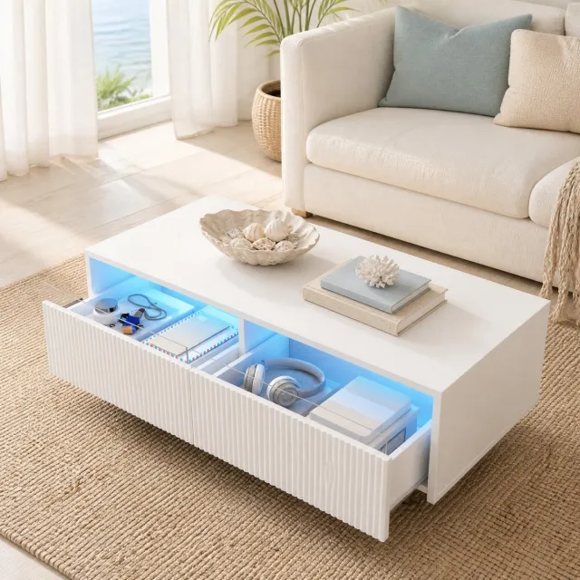 MEUNIQ moderne LED salontafel 110 x 50 x 40 cm met 2 lades, appbediening via Bluetooth, golffronten en wit-gouden poten voor woonkamer, wit