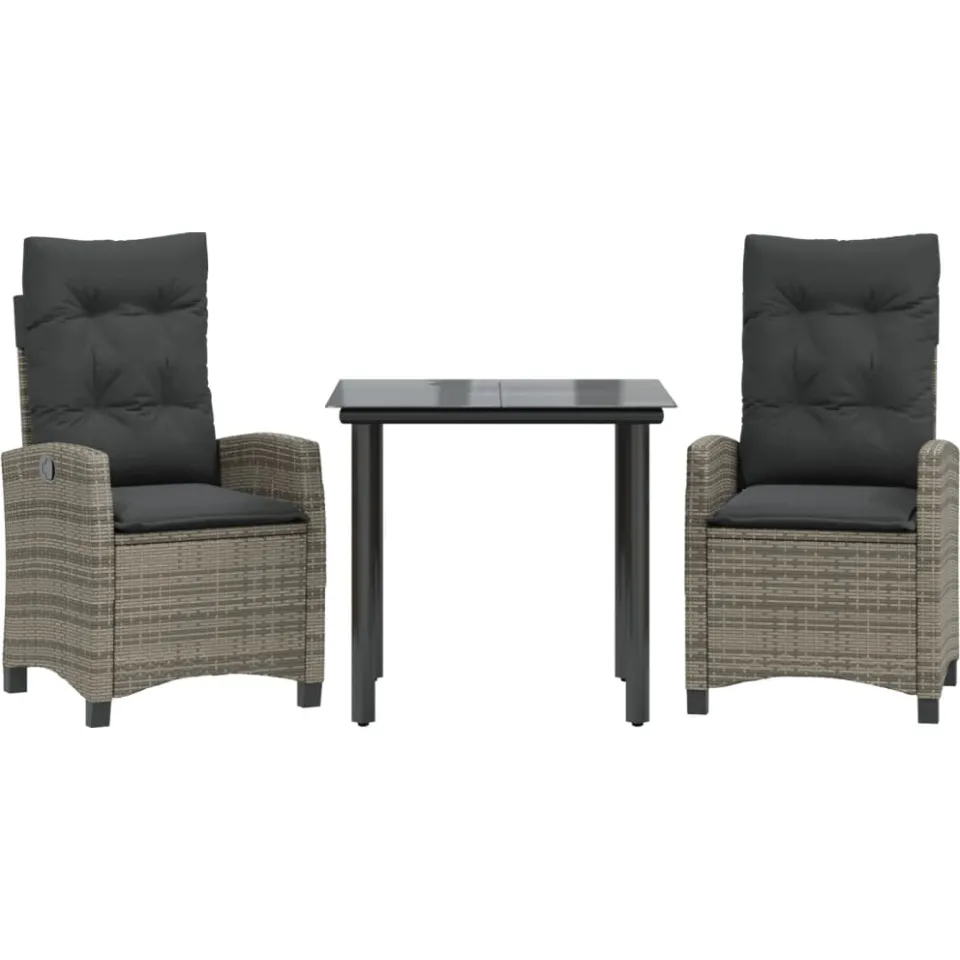 vidaXL 3-delige Tuinset met kussens poly rattan grijs