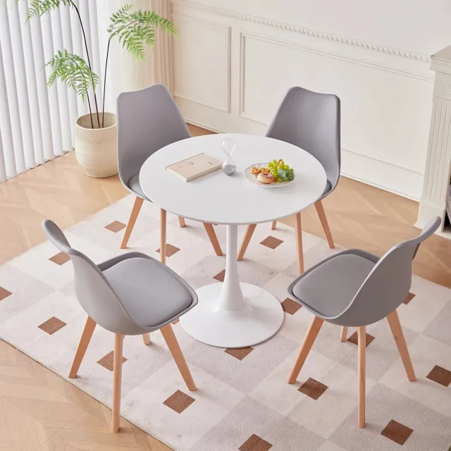 Mila Shop Eetkamer set - Eethoekset tafel en stoelen - Ronde eettafel - 4 Eetkamerstoelen - Houten poten - Kunststof - Grijs
