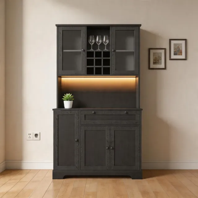 KOMHTOM Keukenkast - Hoge kast / Vitrinekast - Geïntegreerd kruidenrek - Verstelbare legplanken - Kleurveranderende LED-verlichting en stopcontact - Afmetingen: 180 × 105 × 40 cm Zwart