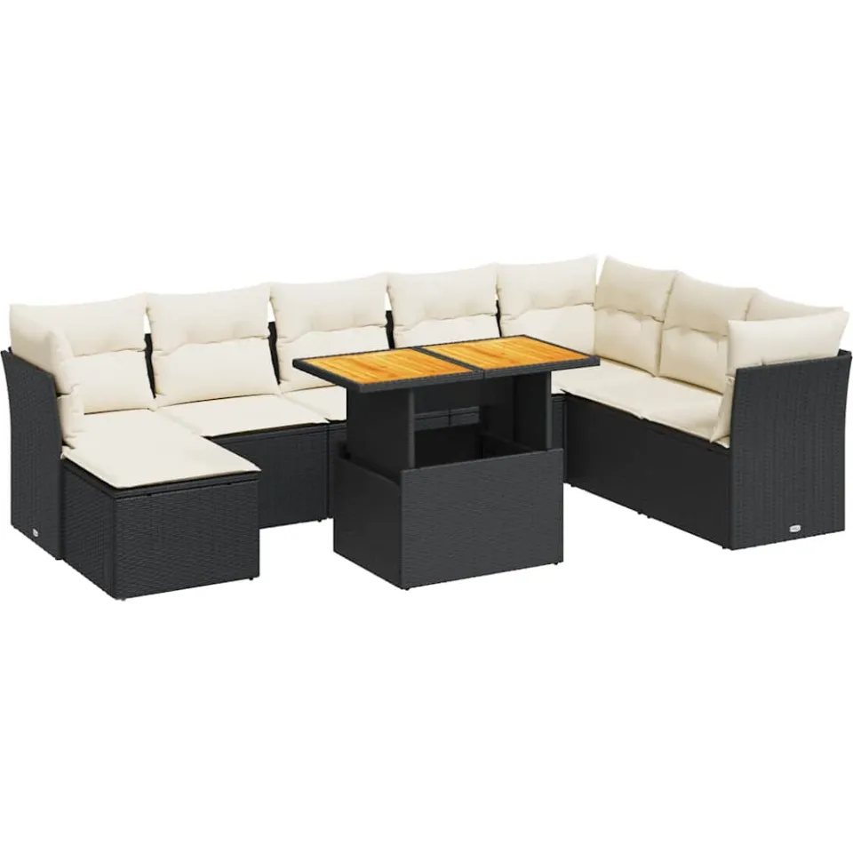 vidaXL 9-delige Loungeset met kussens poly rattan zwart, foto 3