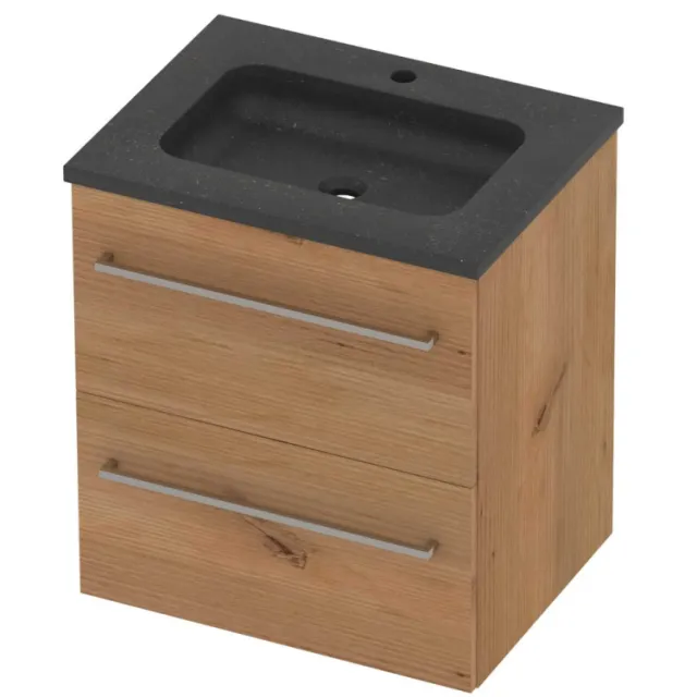 Basic-Line Rocky 46 Badmeubelset Hardsteen 1 Kraangat 60x46x62 cm Whisky Oak Blue Stone Grijs