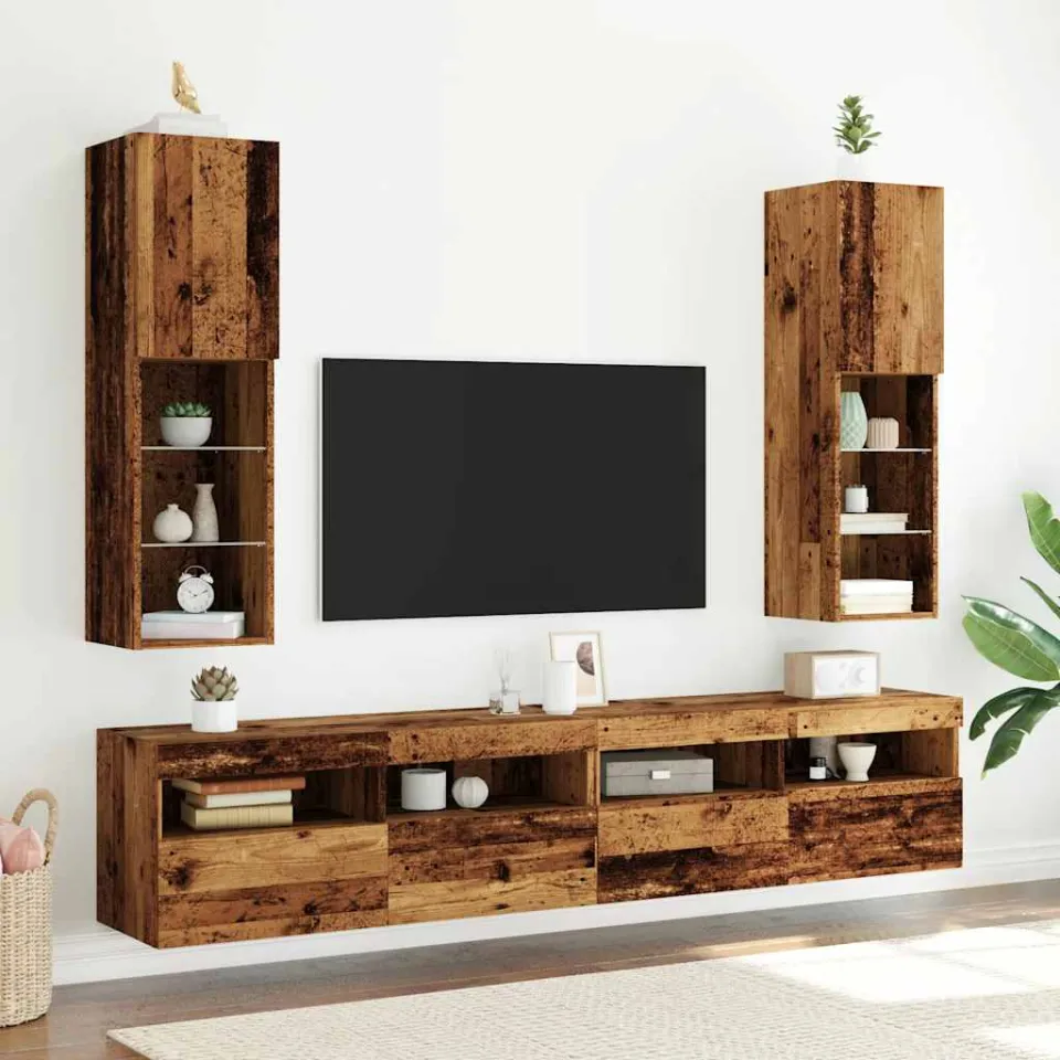 vidaXL Tv-meubels met LED-verlichting 2 st 30,5x30x102 cm oud hout bruin, foto 3