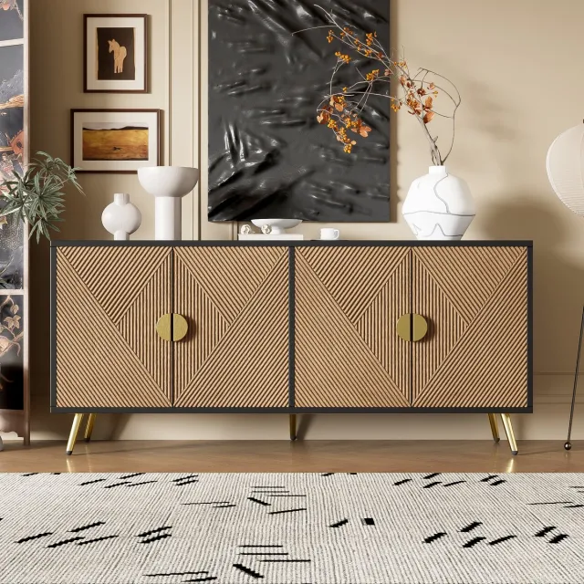 FloraGrace Dressoir - 4 Deuren Met Soft Close - Voor Woonkamer En Eetkamer - MDF En Spaanplaat Zwart Met Houtlook - 160x40x75 Cm bruin