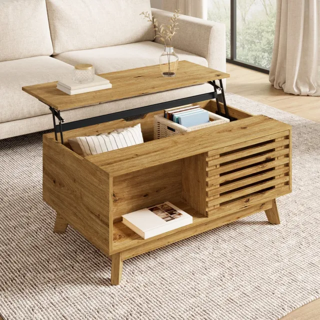 OKWISH Salontafel - Moderne Retrostijl - Hoogteverstelbaar Tafelblad - Schuifbare Jaloeziedeur - MDF In Natuurlijke Houtlook - 90 x 55 x 57,5 cm Naturel