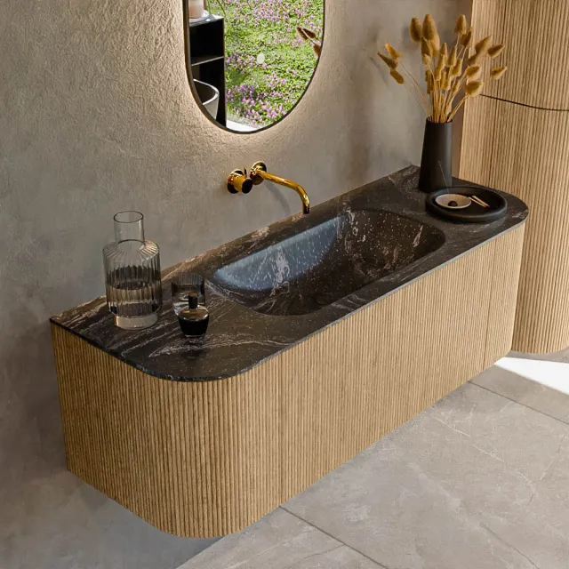 Mondiaz KURVE-DLUX 130 cm Onderkast Greeploos 1 Lade Met Deuren Oak, Wastafel Solid Surface Midden Lava 0 Kraangaten Zonder Spiegel (KRVBGS130L+R1L2D0KM-Oak/Lav)