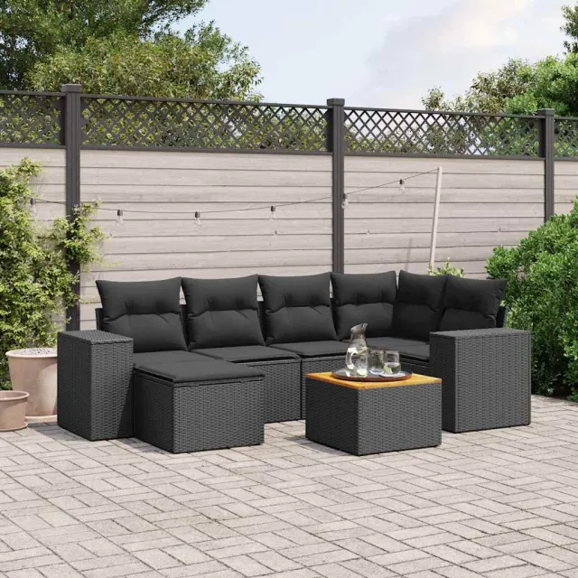 vidaXL 7-delige Loungeset met kussens poly rattan zwart, foto 2