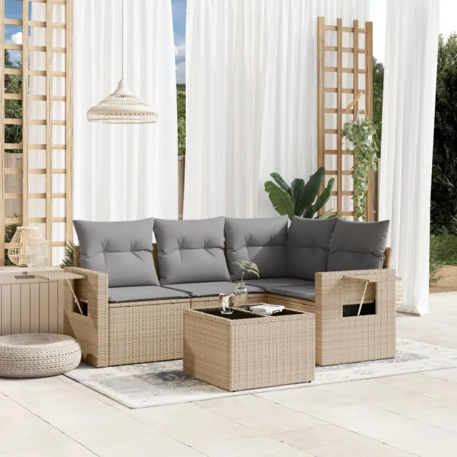 vidaXL 5-delige Loungeset met kussens poly rattan beige, foto 2