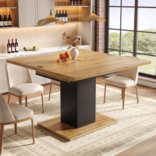 HAUSS SPOLE Eettafel - Uitschuifbaar met Opklapbaar Blad en Verborgen Opbergruimte - voor Keuken en Eetkamer - MDF - Naturel - 60-120x120x75,1 cm