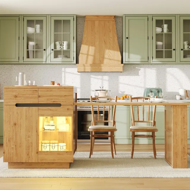 REDOM Keukeneiland - Uitschuifbare tafel - LED verlichting - Opbergruimte met lades en glazen deur - Modern - Keuken en eetkamer - MDF en metaal - Hout - 195 x 80 x 93,5 cm Wood