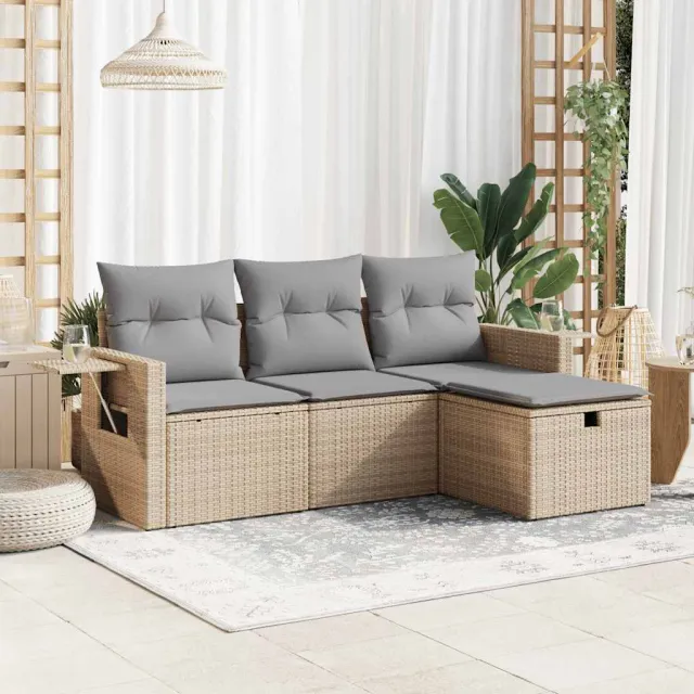 vidaXL 4-delige Loungeset met kussens poly rattan beige, foto 2