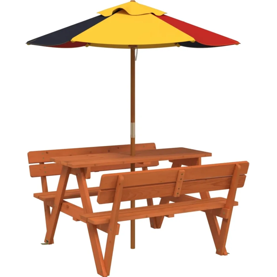 vidaXL Picknicktafel voor 4 kinderen met parasol massief vurenhout bruin, foto 3