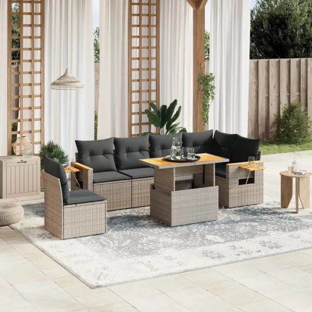 vidaXL 7-delige Loungeset met kussens poly rattan grijs, foto 2
