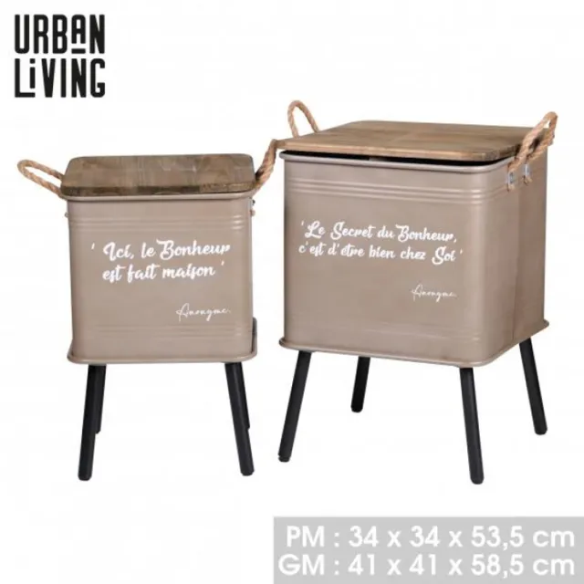 Urban Living "LOFT & METAL" Set van 2 metalen salontafels in kistvorm met metalen onderstel en touwgrepen - taupe