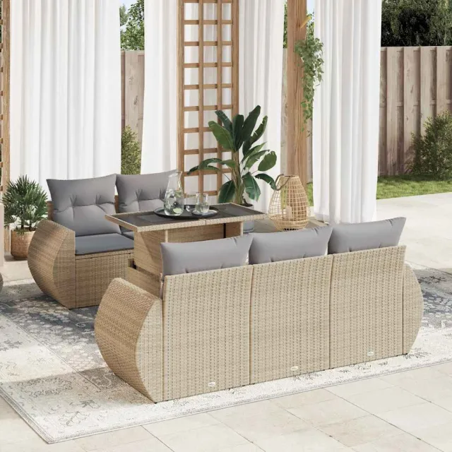 vidaXL 6-delige Loungeset met kussens poly rattan beige, foto 2
