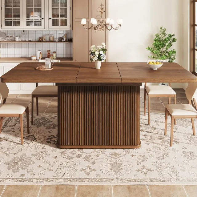 OKWISH Uitschuifbare Eettafel met Verborgen Opbergruimte voor Eten en Werken MDF Metaal Donkerbruine Houtlook 140 tot 180 x 80 x 76,5 cm Brown