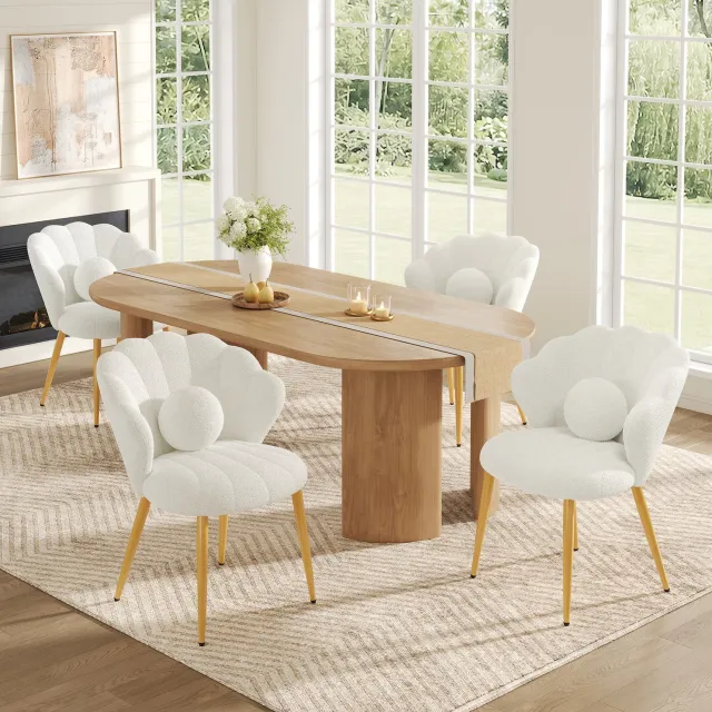 FloraGrace Eetkamerstoel Set Van 4 - Schelpvormig Design Met Teddystof En Kussen - Voor Eetkamer Of Kaptafel - Metaal - Wit