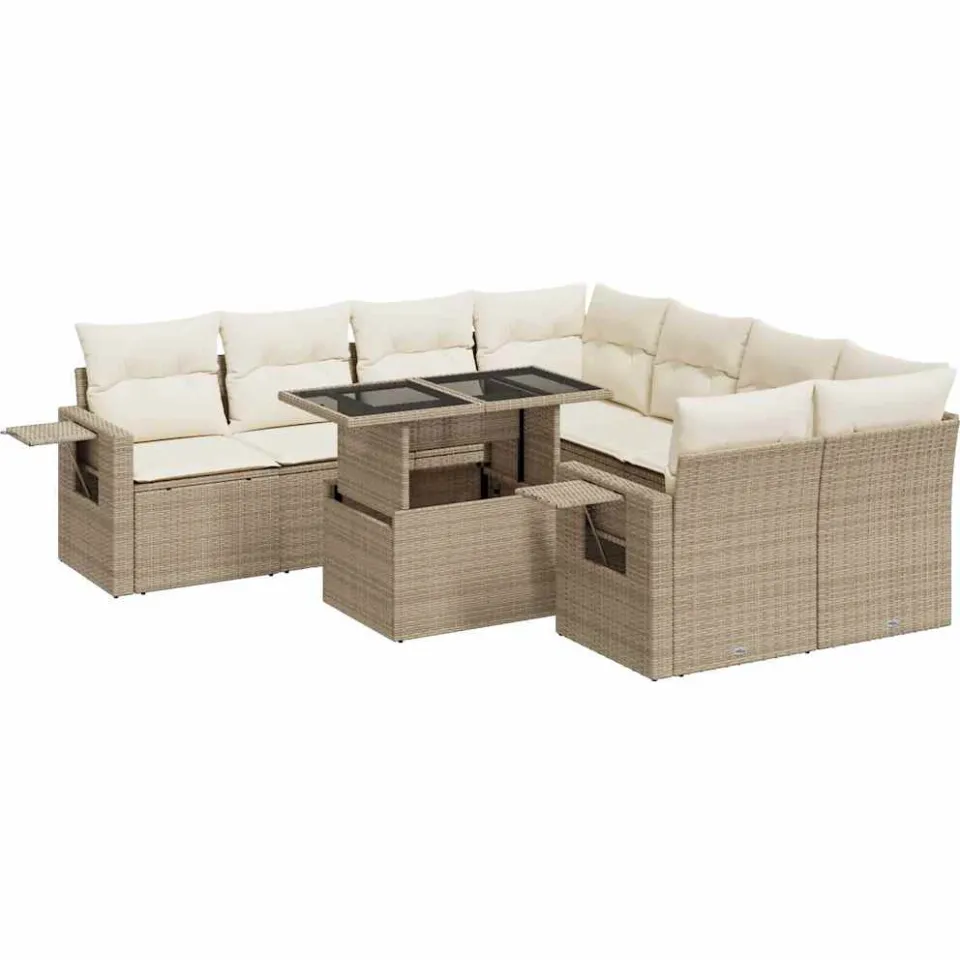 vidaXL 9-delige Loungeset met kussens poly rattan beige, foto 3