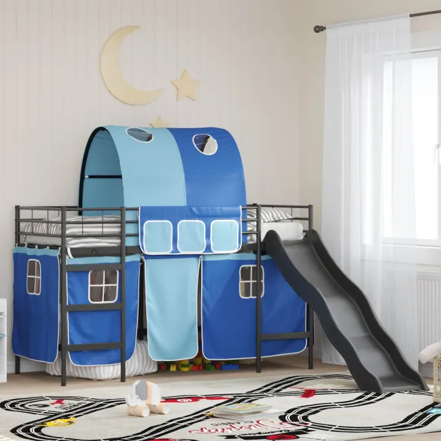 vidaXL Bunkbed voor kinderen met gordijnen Zwart en Blauw 90 x 190 cm