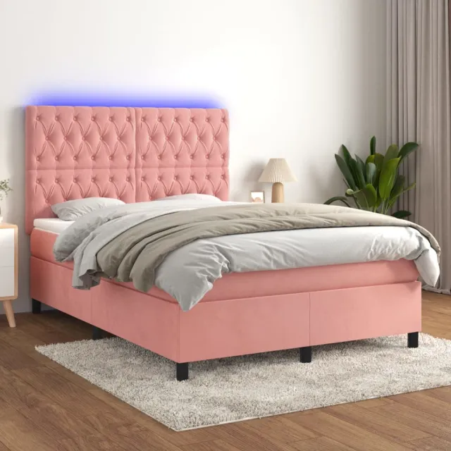 vidaXL Boxspring met matras en LED fluweel roze 140x190 cm