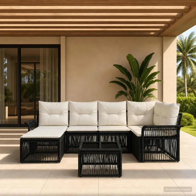vidaXL Tuinbankenset 7 st 6-zits Zwart poly rattan, foto 2