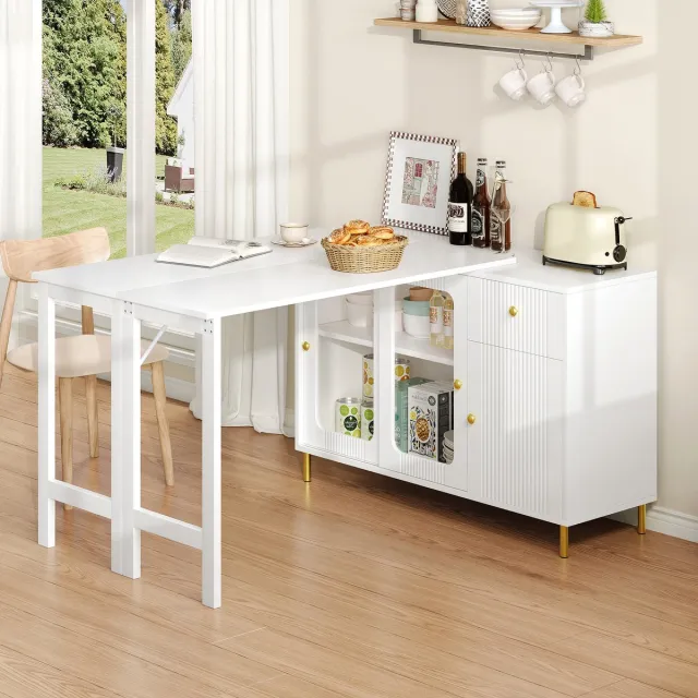 OKWISH Dressoir – Uitklapbare Tafel 122×80 cm – 116×40×78,5 cm – 2 Schuifdeuren – Geharde Glas Schuifdeuren – Goudkleurige Poten – MDF– Wit