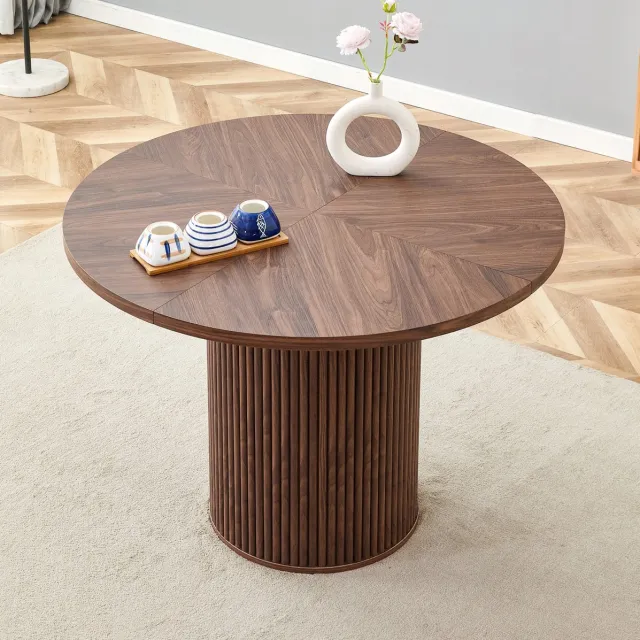 REDOM Ronde eettafel - 4-delig MDF tafelblad - Zuilvoet met metalen ondersteuning en opbergruimte - Walnoot - Ø 100 x 76 cm