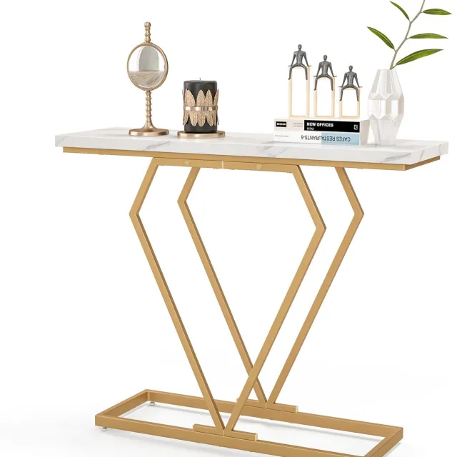Costway Consoletafel, smal, haltafel met marmerlook en geometrisch metalen frame, 100 cm bijzettafel voor woonkamer, hal, entree Wit en Goud