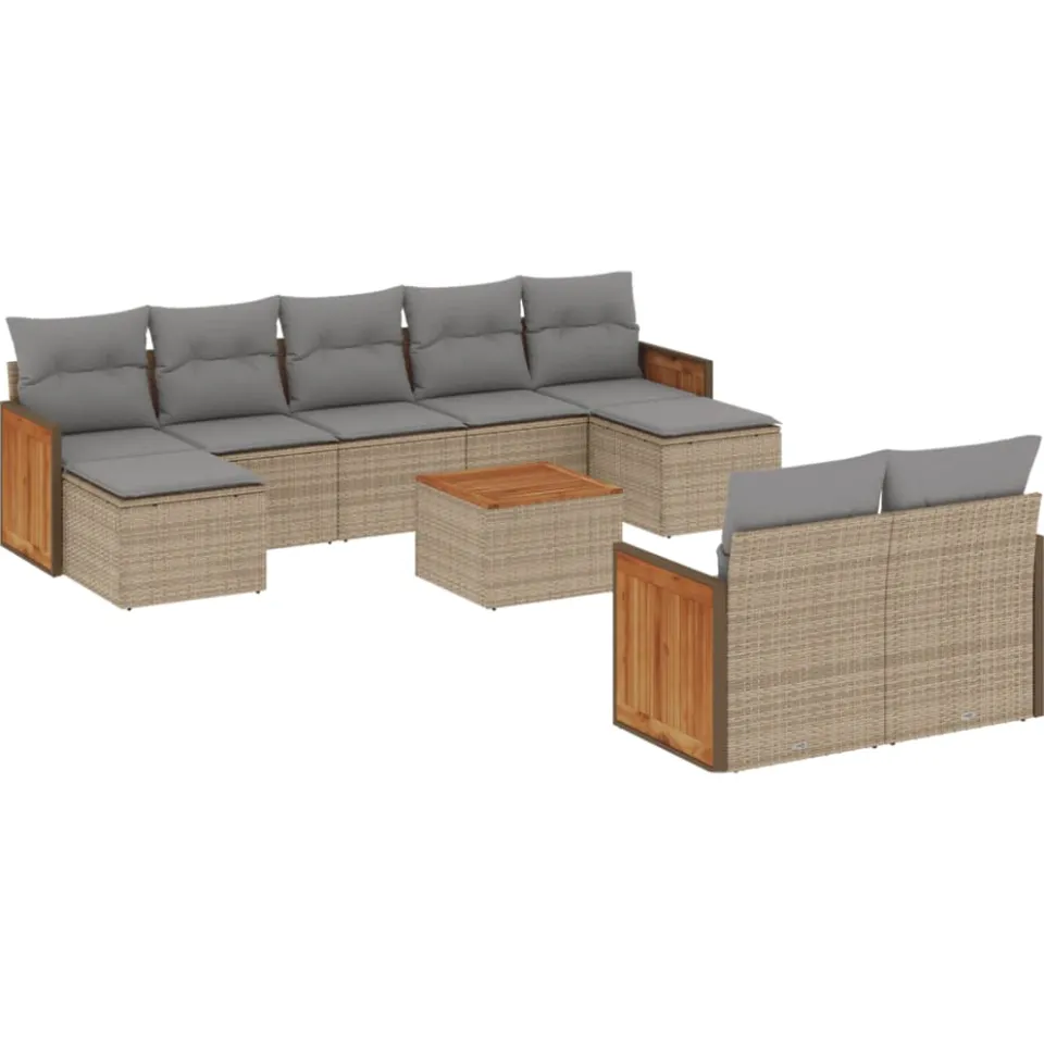 vidaXL 10-delige Loungeset met kussens poly rattan beige, foto 3
