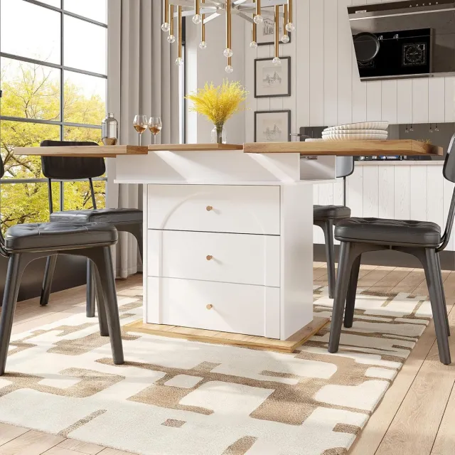 House&Garde Uitschuifbare Multifunctionele Eettafel met Opbergruimte en Telescopisch Blad 110-140 x 80 x 75 cm – Opklapbare Keukentafel voor 4-6 Personen met Metalen Frame en Soft-Close Deur wit