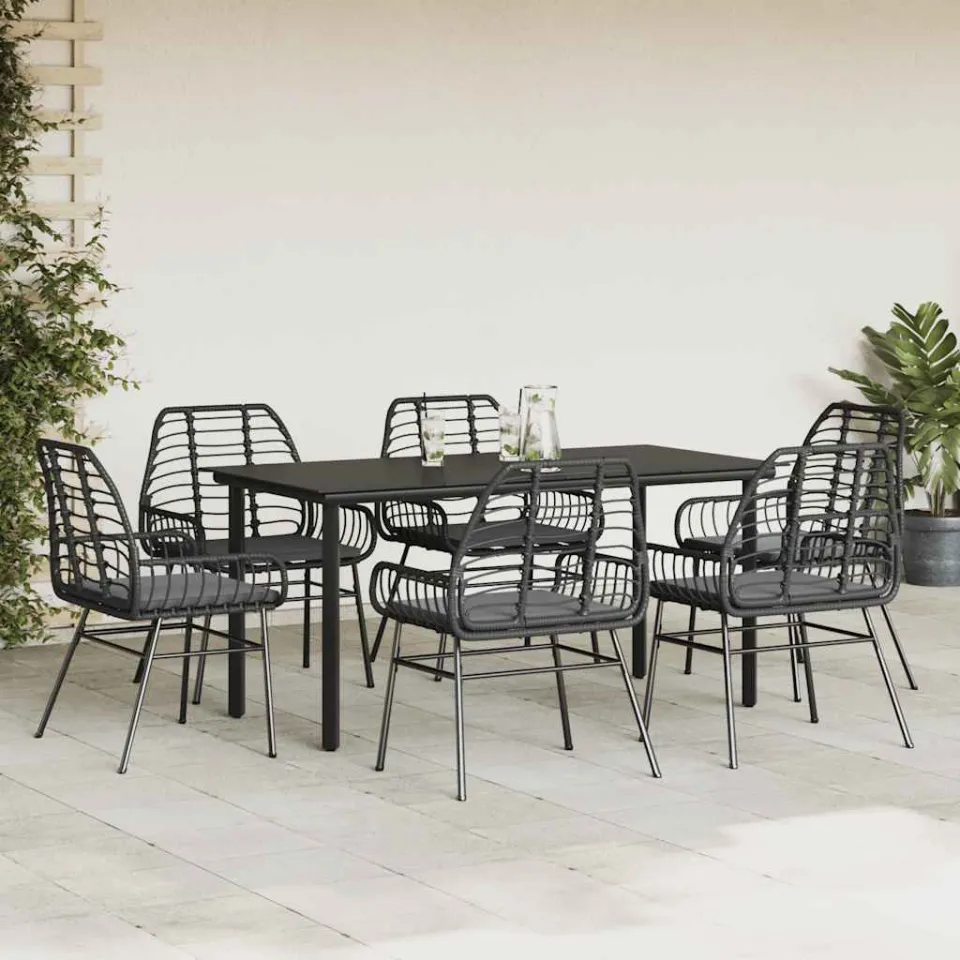 vidaXL 7-delige Tuinset met kussens poly rattan glas zwart, foto 2