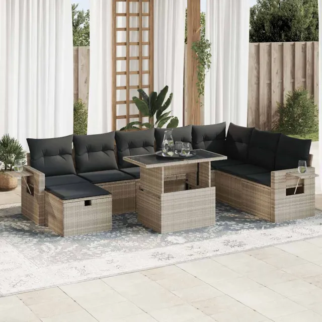vidaXL 9-delige Loungeset met kussens poly rattan lichtgrijs