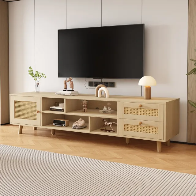 REDOM TV-meubel 160x39x40.5 cm van spaanplaat en rattan, met opbergruimte en kabelmanagement Eik
