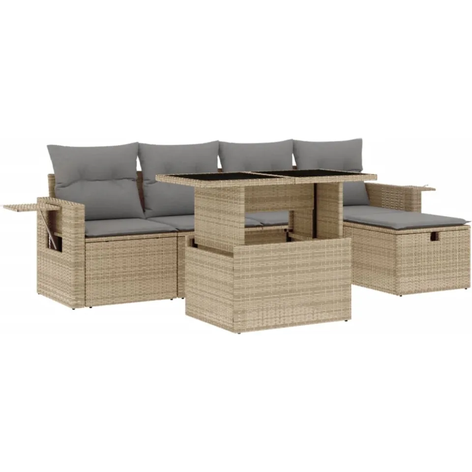 vidaXL 6-delige Loungeset met kussens poly rattan beige, foto 3