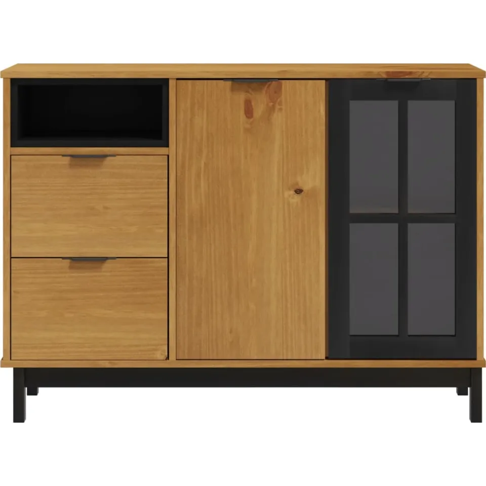 vidaXL Dressoir met glazen deuren FLAM 110x40x80 cm massief grenenhout bruin, foto 4