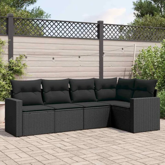 vidaXL 5-delige Loungeset met kussens poly rattan zwart, foto 2