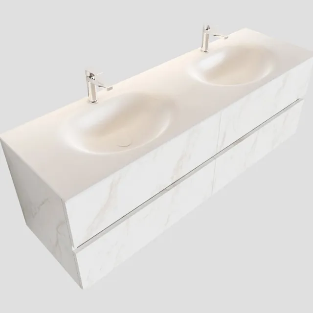 Boss & Wessing Badkamermeubel BWS Valencia Carrara Mat 150 cm Solid Surface Wastafel Dubbel (2 kraangaten, 4 lades)