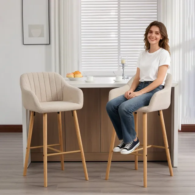 HAUSS SPOLE Barkruk 58,5x55x104 Cm - Hoge Rugleuning En Armleuningen - Set Van 2 Voor Keuken Eiland En Bar - Linnen Beige