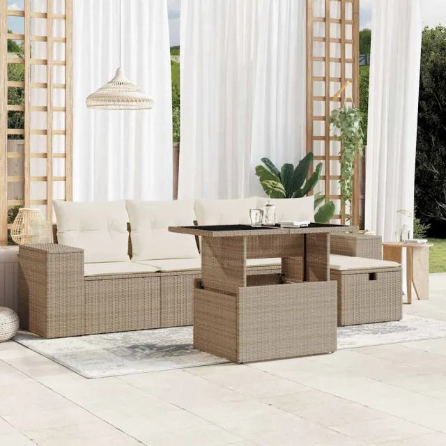 vidaXL 6-delige Loungeset met kussens poly rattan beige, foto 2