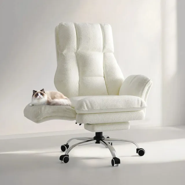 Archi Luxe Bureaustoel – Stoelen - Teddy Stof – Ergonomisch – Opklapbare Armleuningen – Voetensteun – 180 kg – Draaibaar – Crème Beige