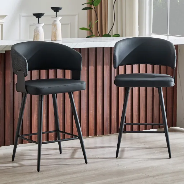 OKWISH Eetkamerstoel - Set Van 2 - Kuipstoel Met Armleuningen - Kunstleer - Zwart Black