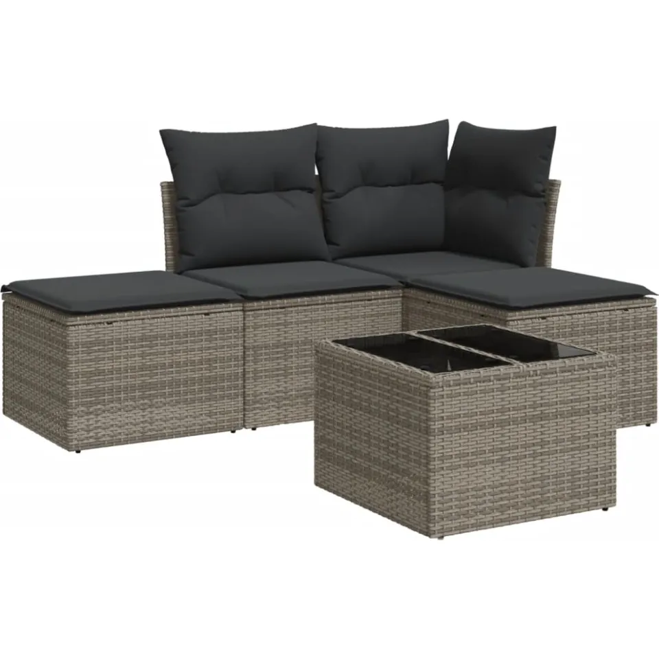 vidaXL 5-delige Loungeset met kussens poly rattan grijs, foto 3