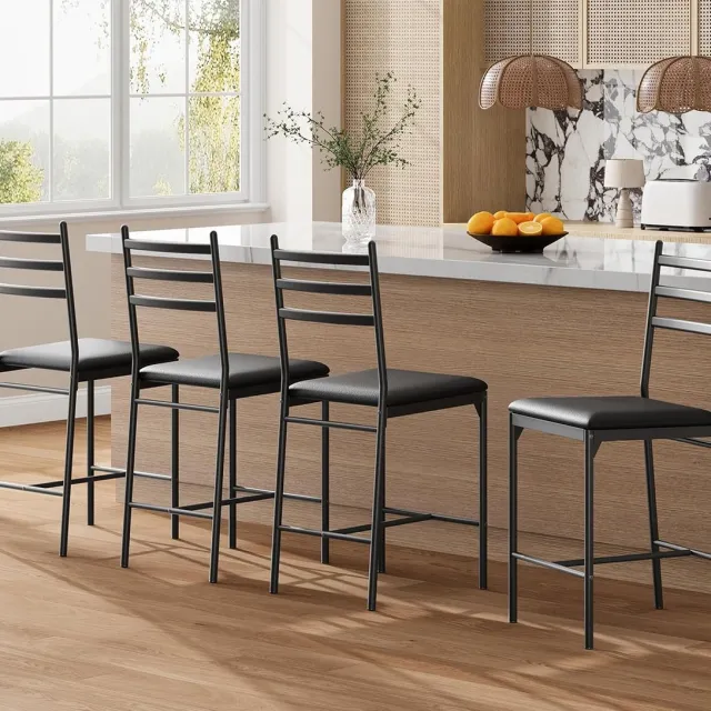 HOERFURIY Barkrukken Set van 4 - Industriële Barstoelen met Leuning & PU Leer Zwart
