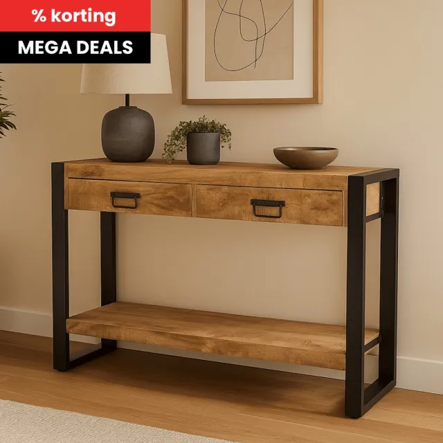 Mahom Mangohouten Sidetable Britt 2 lades Mahom Industrieel - Kleine tafel van Mangohout & Metaal - Industriële Huiskamertafel Bruin