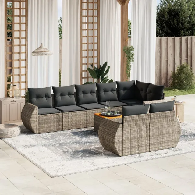 vidaXL 9-delige Loungeset met kussens poly rattan grijs, foto 2